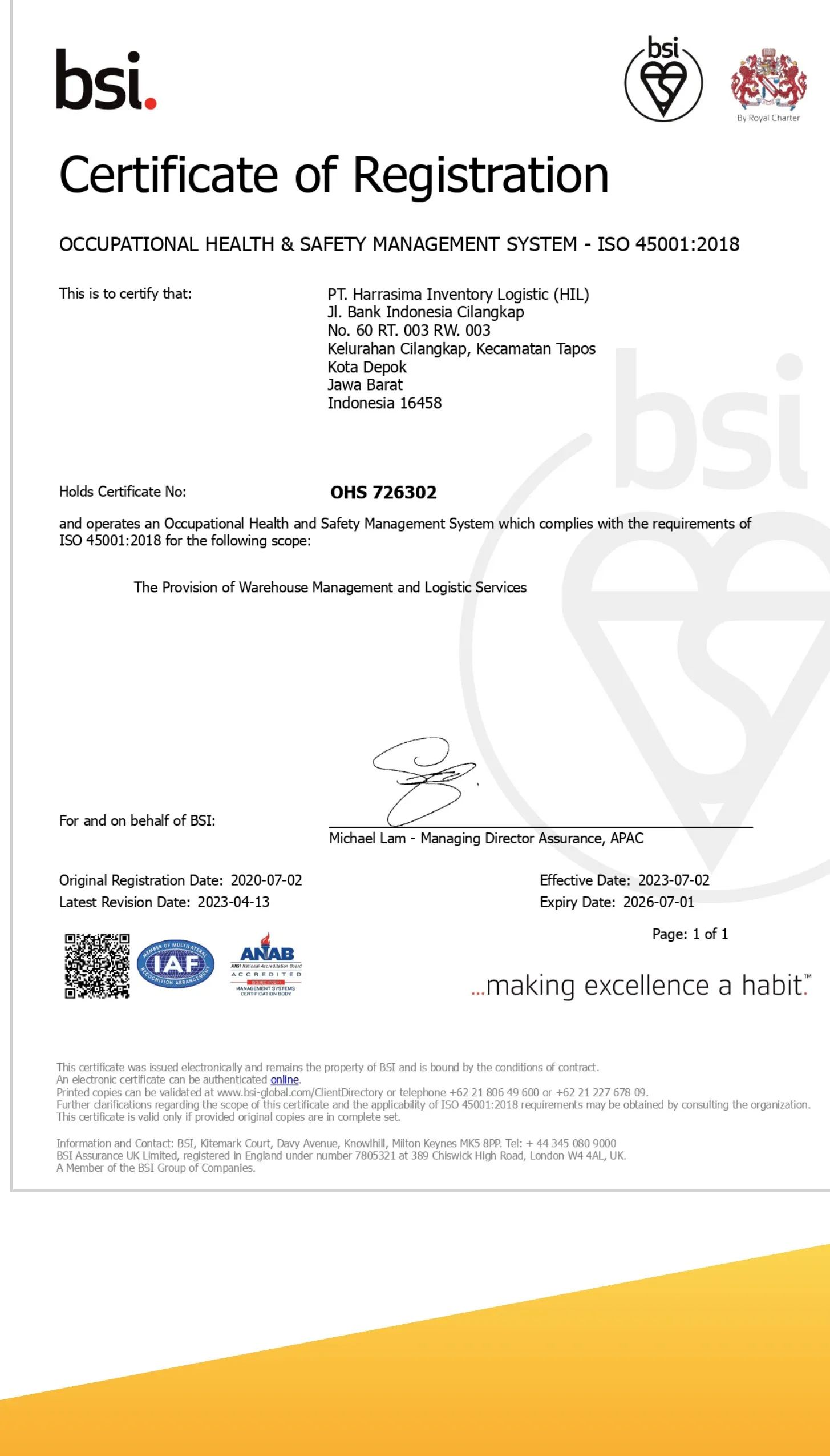 ISO 45001:2018 Occupational Health and Safety certificate issued to PT Harrasima Inventory Logistic